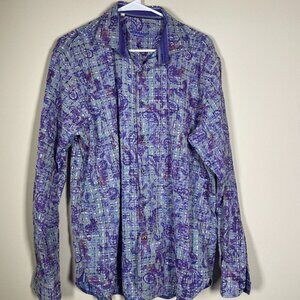 Luchiano Visconti Men's Raised Velvet Print Purple Blue Button-Up Shirt L Preppy